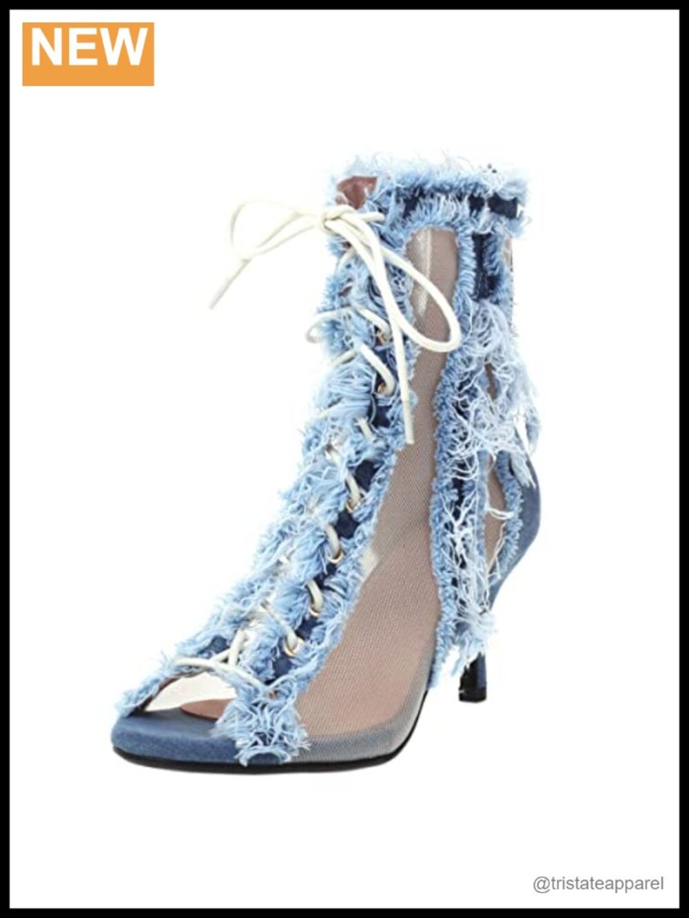 SHEMEE Peep Toe Patchwork Denim Mesh High Heel Ankle Boots Lace Up Zip